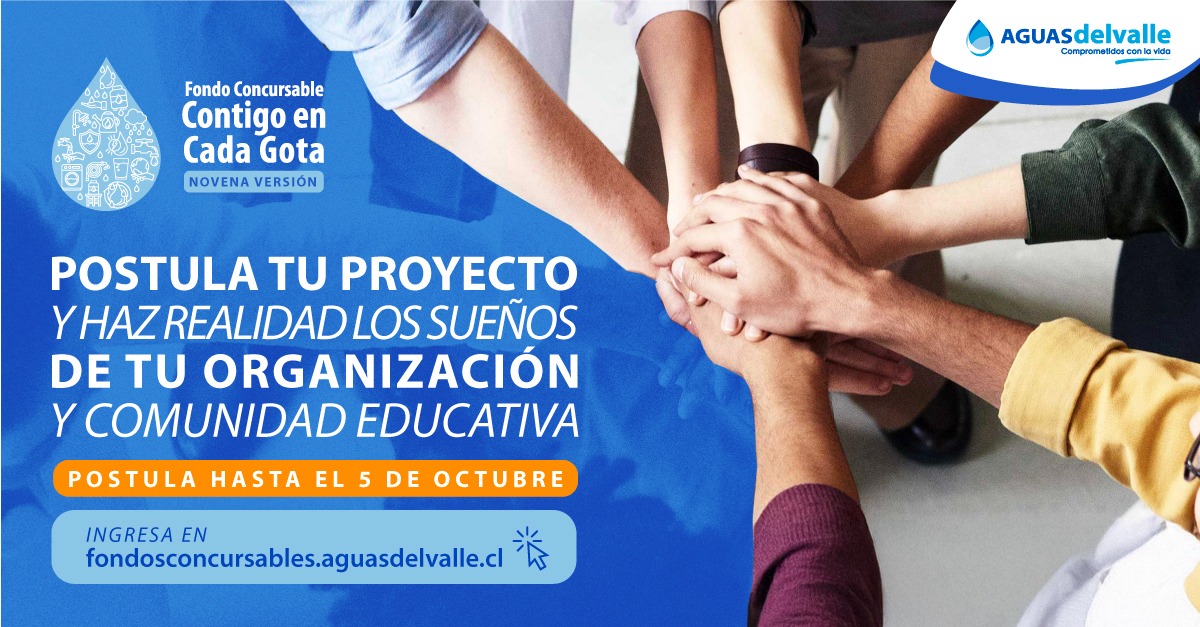 FONDOS CONCURSABLES ☑️
Últimos días para postular a los #FondosConcursables "Contigo en Cada Gota" de <a href="/aguasdelvalle/">Aguasdelvalle</a>
Revisa las bases y completa el formulario de postulación en aguasdelvalle.cl y haz realidad los sueños de toda tu comunidad. Plazo de postulación: 05/10.