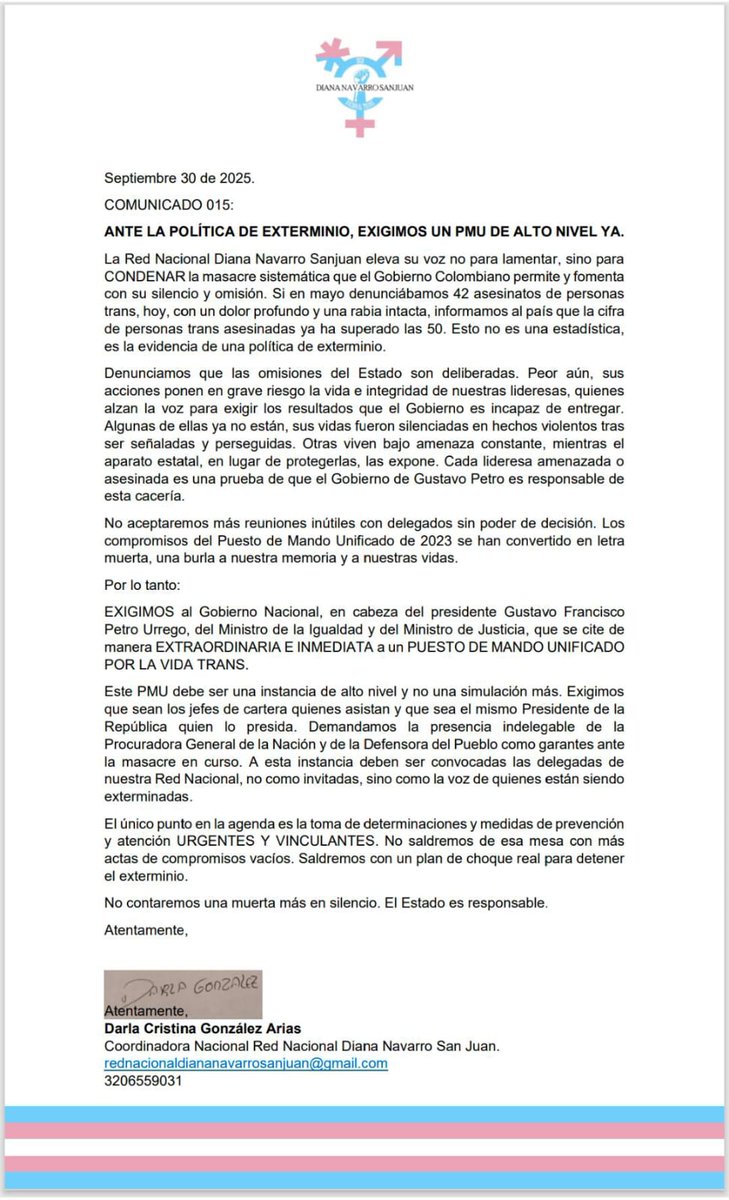 #COMUNICADO Ante la Política de Exterminio, exigimos un PMU Puesto de Mando Unificado de Alto Nivel YA! Por las Vidas Trans. Solicitamos como garantes a  <a href="/PGN_COL/">Procuraduría General de la Nación</a> <a href="/DefensoriaCol/">Defensoría del Pueblo</a> <a href="/MarnIris/">Iris Marín Ortiz</a> Exigimos un plan de choque real para evitar el exterminio! <a href="/petrogustavo/">Gustavo Petro</a> <a href="/juanflorians/">Juan Florian Silva</a>