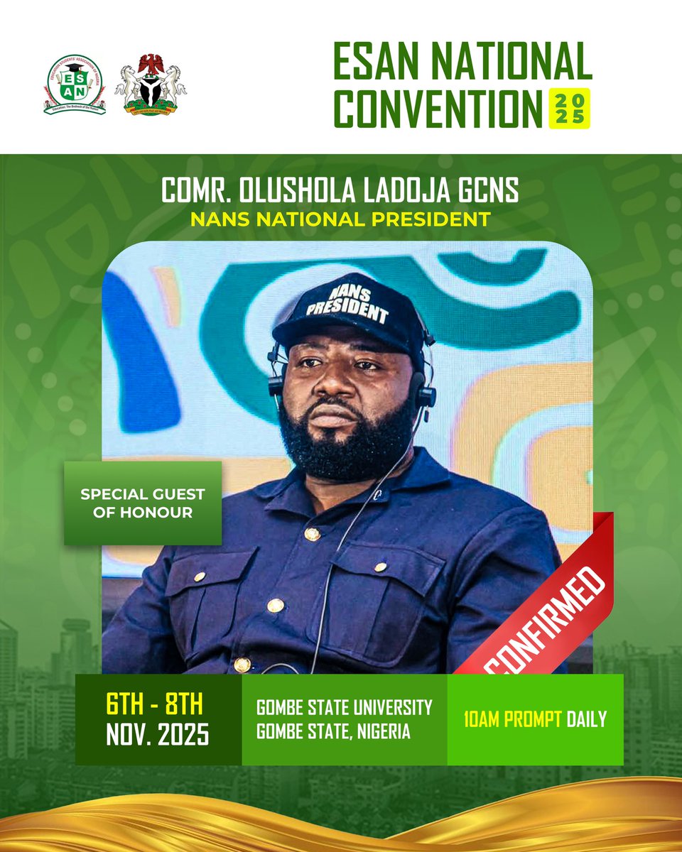 NationalEsan's tweet photo. EDUCATION STUDENTS ASSOCIATION OF NIGERIA (ESAN) 2025 CONVENTION

CONVENTION DETAILS:
- Date: November 6th-8th, 2025
- Time: 8:00 am - 6:00 pm daily
- Venue: Gombe State University (GSU), Gombe, Gombe State

ANTICIPATE!!!

#esan https://t.co/U2YWoLsOGY