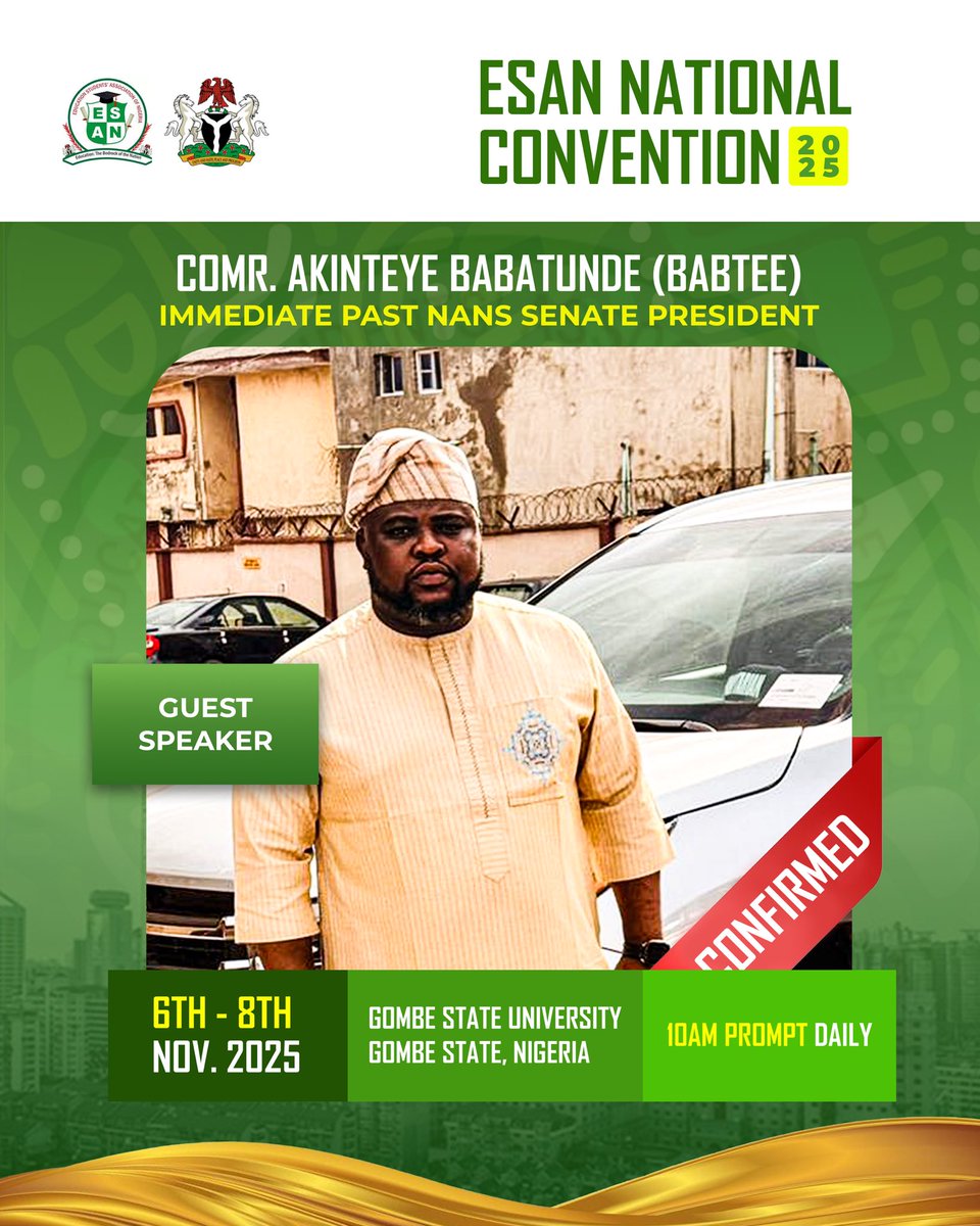 NationalEsan's tweet photo. EDUCATION STUDENTS ASSOCIATION OF NIGERIA (ESAN) 2025 CONVENTION

CONVENTION DETAILS:
- Date: November 6th-8th, 2025
- Time: 8:00 am - 6:00 pm daily
- Venue: Gombe State University (GSU), Gombe, Gombe State

ANTICIPATE!!!

#esan https://t.co/U2YWoLsOGY