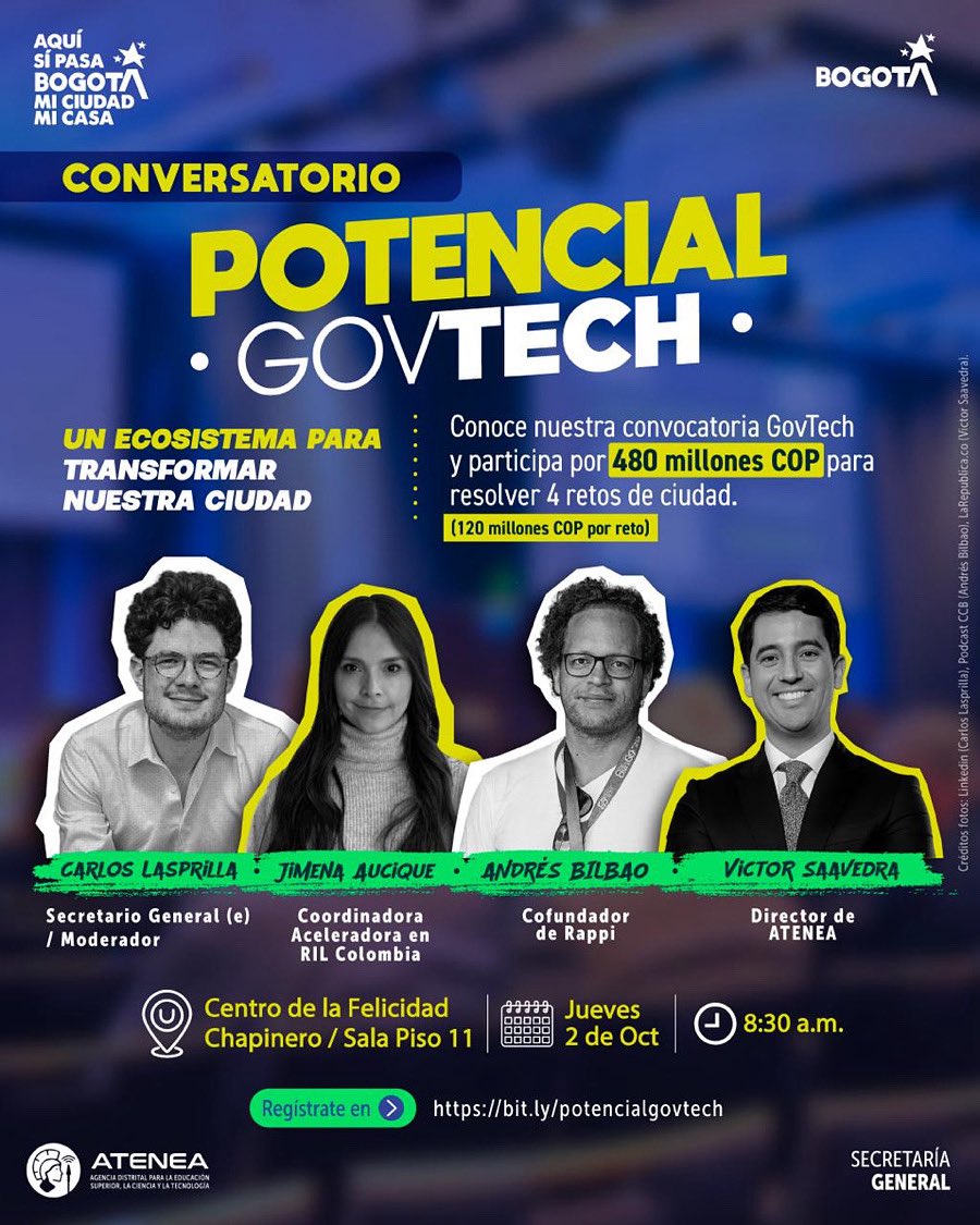 AteneaBogota's tweet image. 💡Descubre cómo la CTeI y #GovTech hacen a los gobiernos más eficientes y transparentes. 🚀 Escucha a líderes de @RappiColombia, @AteneaBogota
y RIL Colombia.  

¡La innovación transforma #Bogotá!
🗓️02/oct | 9 a.m. Regístrate: convocatoriagovtechbogota.fillout.com/t/oeG7ao6UXjus