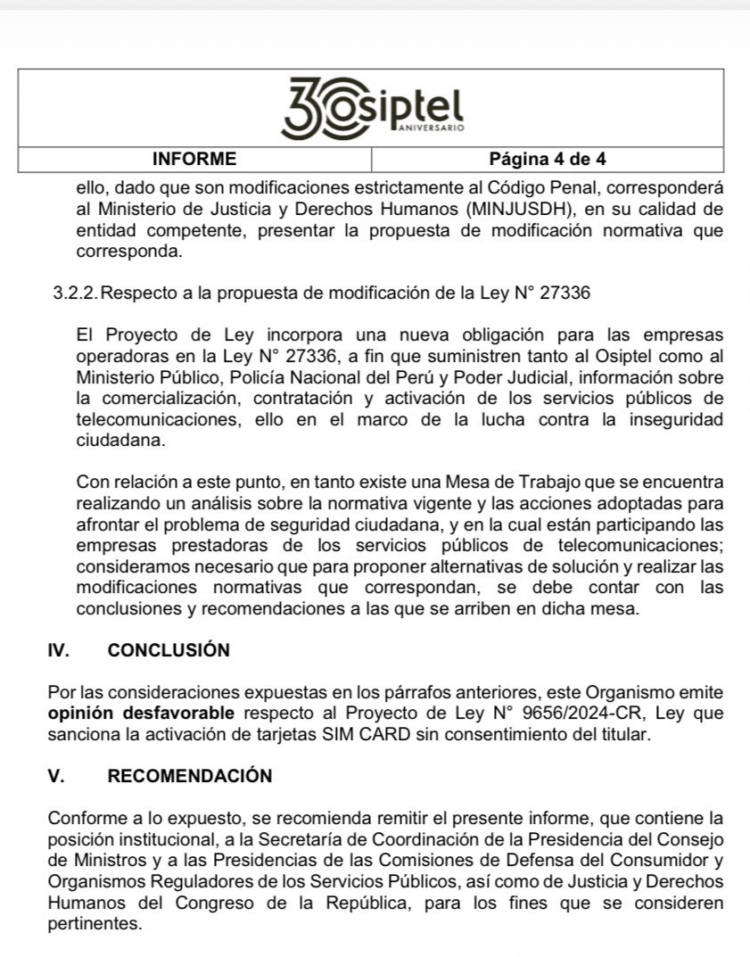 rafaelmuente's tweet photo. LA HISTORIA OCULTA DETRAS DE LA LEY QUE PENALIZA LA VENTA AMBULATORIA DE CHIPS; FUENTE DIRECTA DE LAS EXTORSIONES Y QUE FUE PROMULGADA HOY.

Hoy se promulgó la ley que establece sanciones penales a quienes comercializan chips en las calles, luego que el Ejecutivo la observara (¡!), sin embargo, el Congreso la volvió a aprobar por insistencia.
Al gobierno solo le quedó promulgarla.

Pero lo más increíble es que el Osiptel, en una gestión interina, se opuso vergonzosamente al proyecto de sanciones penales a la venta ambulatoria de chips a través de un informe en el que emite su opinión desfavorable, dando la espalda a la seguridad de todos los peruanos.

Este proyecto fue decididamente apoyado bajo mi gestión, sin embargo la opinión en contra del Regulador se dio cuando el gobierno me suspendió por un año y aprovechó para nombrar a dedo a un presidente temporal y remover a casi todo el equipo directivo (al igual que lo que el vicepresidente Jesús Guillén ha hecho ahora) para así tomar control del regulador y rendirse a intereses distintos al bienestar ciudadano.

En la interna actual tengo testimonios de varios colaboradores del Osiptel que mencionan que el discurso del actual "presidente encargado" a sus directivos es que fomentar este tipo de normas o sanciones es ir en contra de la inversión privada.

En mi gestión nunca los intereses privados pudieron estar por delante del interés público, especialmente cuando la vida y la integridad de todos los peruanos inocentes está en juego.

Pero para una institución que actualmente se encuentra capturada, los intereses privados parecen ser un mandamiento absoluto.

Esta terca posición del regulador autónomo bajo mi gestión aclara el porqué la PCM plantea mi destitución de manera ilegal y arbitraria.  Se busca la captura definitiva del Osiptel y su sometimiento a estos irresponsables intereses.

Aquí les muestro la conclusión del vergonzante informe del Osiptel en contra del proyecto de ley que hoy se promulgó.
@canalN_; @RPPNoticias; @Cuarto_Poder ;@paolobenza ; @cviguria ; @infobaeamerica ; @peru21noticias; @smt_FL