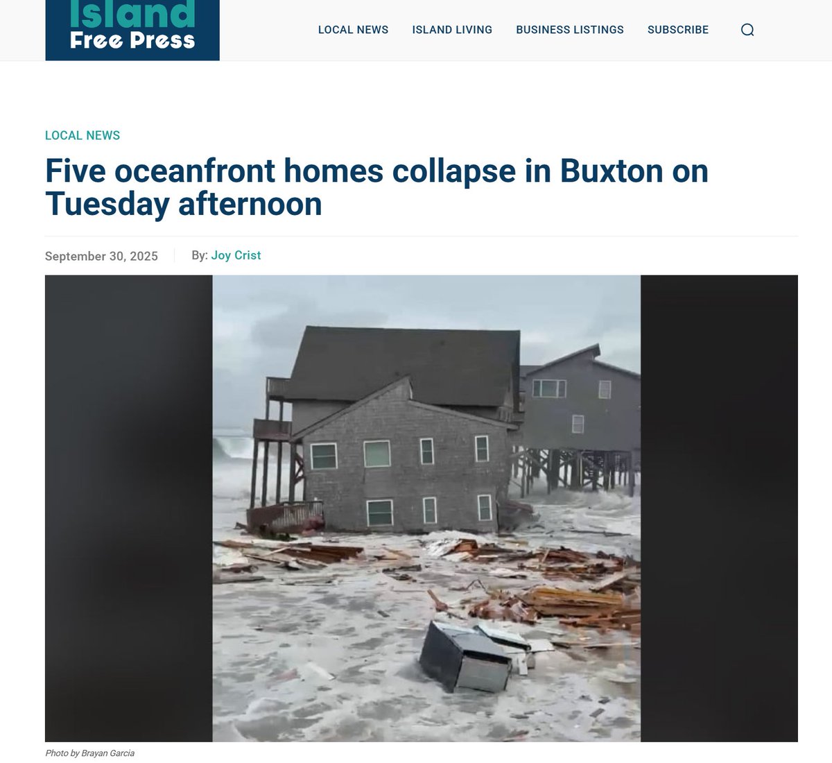 "Five oceanfront homes collapsed in Buxton on Tuesday afternoon, September 30, and within an hour of the 2:15 p.m. high tide … There have now been 17 home collapse on Hatteras Island since 2020"

islandfreepress.org/outer-banks-ne…
x.com/DavidLWindt/st…