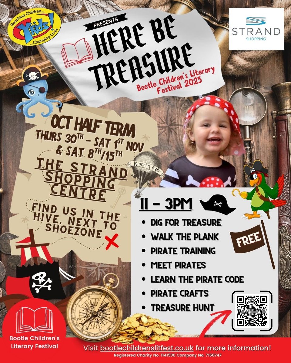 Ykids_Charity's tweet photo. 📚 COUNTDOWN TO BOOTLE CHILDREN’S LITERARY FESTIVAL 2025! 📚🎉

🏴‍☠️ Here Be Treasure! 🏴‍☠️
📅 29th Oct - 15th Nov 2025

Family pirate fun &amp; two week school programme 

#BCLF25 https://t.co/3WsMQpKyQz