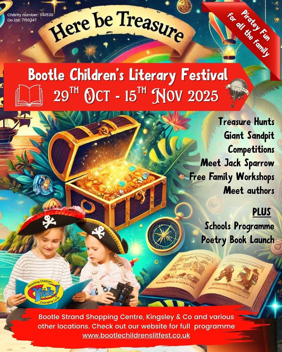 Ykids_Charity's tweet photo. 📚 COUNTDOWN TO BOOTLE CHILDREN’S LITERARY FESTIVAL 2025! 📚🎉

🏴‍☠️ Here Be Treasure! 🏴‍☠️
📅 29th Oct - 15th Nov 2025

Family pirate fun &amp; two week school programme 

#BCLF25 https://t.co/3WsMQpKyQz