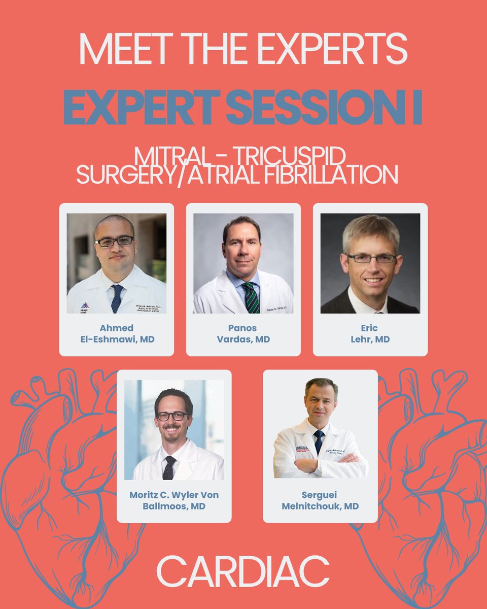 ECTSS_CTsurg's tweet photo. Meet the Experts on Mitral-Tricuspid Surgery and AFIB! Don't miss expert session 1 at the Annual Meeting to learn from the best of the best! #ectss #ectss2025 #expert #cardiac #afib #mitral #tricuspid #cardiacsurgery https://t.co/p8hWDT7xai