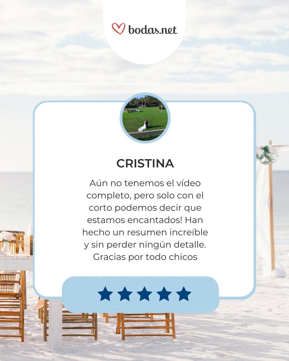 💍 Nada nos llena más que ver felices a nuestras #parejas.
Hoy os compartimos una reseña de 5 estrellas en Bodas.net por uno de nuestros trabajos, y solo podemos decir gracias por confiar en nosotros para un día tan especial.
☎️ 654 821 276
📩 info@dronix.es