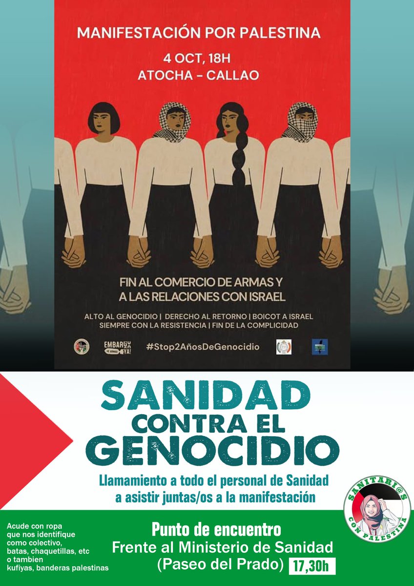 🩺🚑🩼🏥🇵🇸✊🏽 Columna de trabajadores de la Salud contra el #GENOCIDIO
📍#Madrid, Frente al Ministerio de <a href="/sanidadgob/">Ministerio de Sanidad</a>
🗓️ Sábado, 4 de Octubre de 2025
⏰ 18:00 h.
