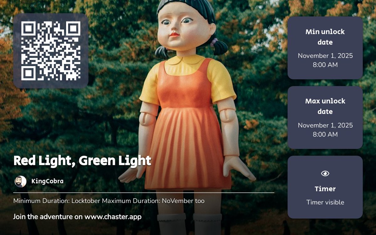 spc78x's tweet image. Locktober: Red Light, Green Light!

chaster.app/explore/68dc27…

#Chaster #Chastity #TeamLocked #Locktober