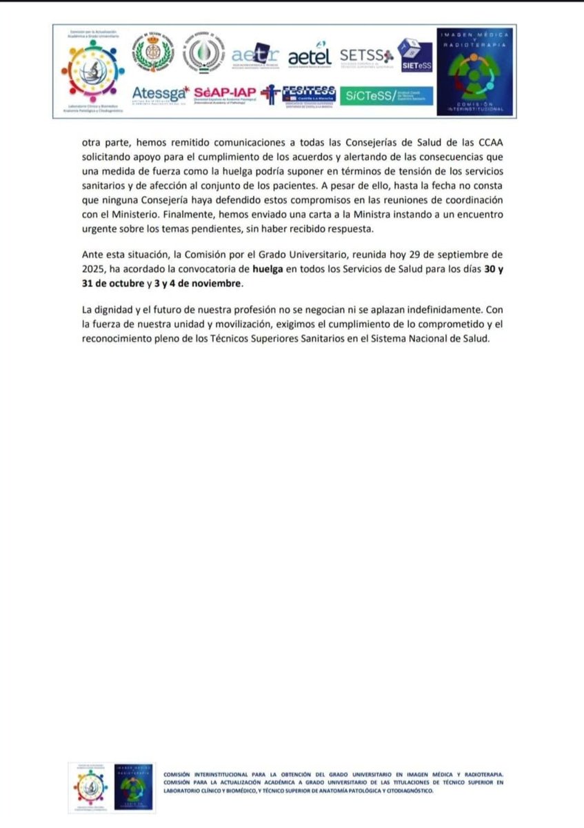 ▶️ Nuevo comunicado de la Comisión por el Grado.  
 Debido al incumplimiento de los compromisos adquiridos con el Ministerio, se convoca huelga para los días 30 - 31 de octubre y 3 - 4 de noviembre.
𝐏𝐨𝐫 𝐮𝐧 𝐄𝐬𝐭𝐚𝐭𝐮𝐭𝐨 𝐌𝐚𝐫𝐜𝐨 𝐪𝐮𝐞 𝐧𝐨𝐬 𝐫𝐞𝐬𝐩𝐞𝐭𝐞
#BastaYa