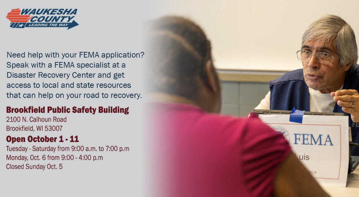 Tomorrow a new Disaster Recovery Center opens in #Brookfield <a href="/fema/">FEMA</a> #augustflood