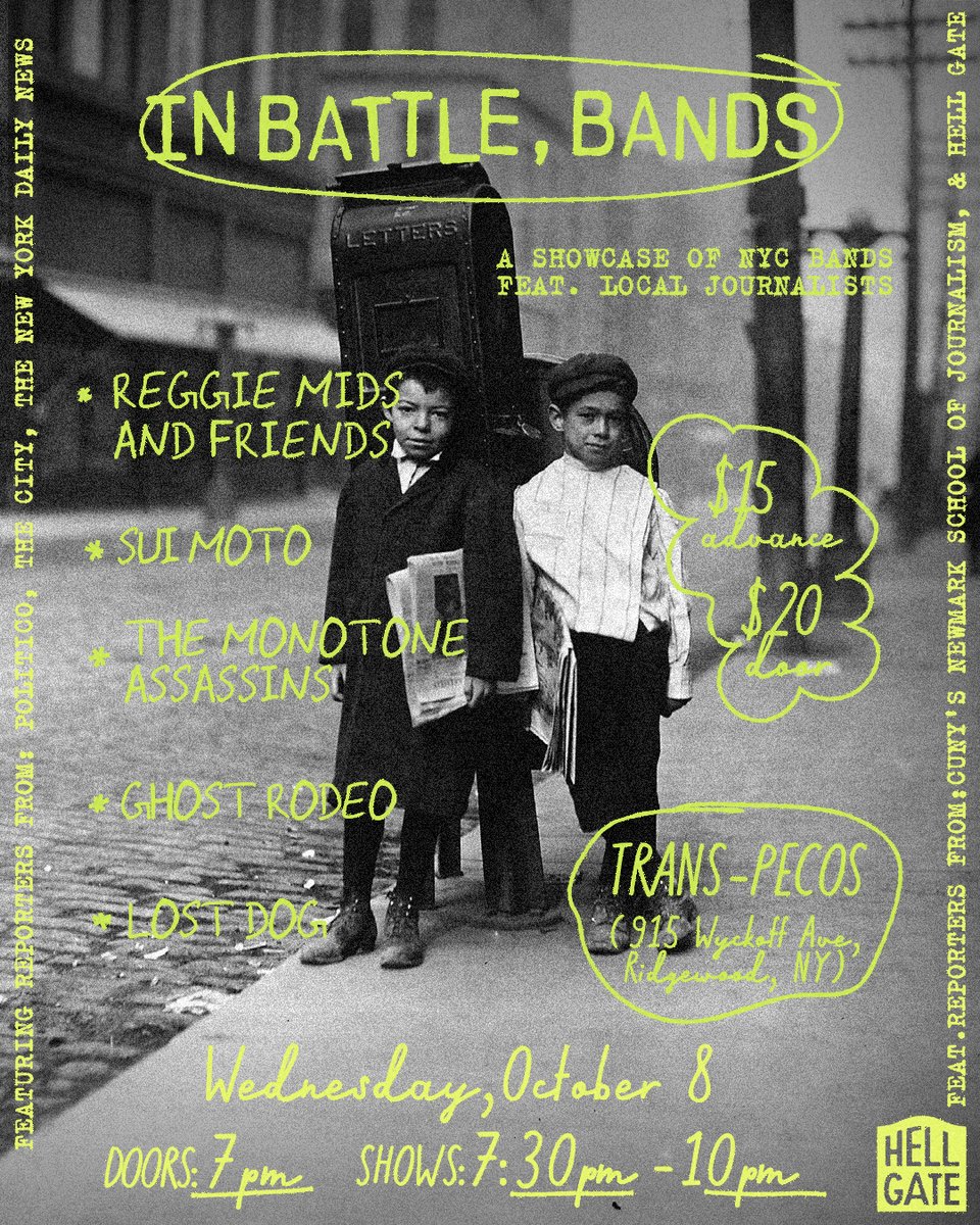 Did you know some local reporters (including some of Hell Gate's own) can really shred? Join us for Hell Gate's "In Battle, Bands," an evening of musical acts featuring some of New York City's best reporters and editors. Wed, 10/8. Get your ticket here: tickets.venuepilot.com/e/hellgate-10-…