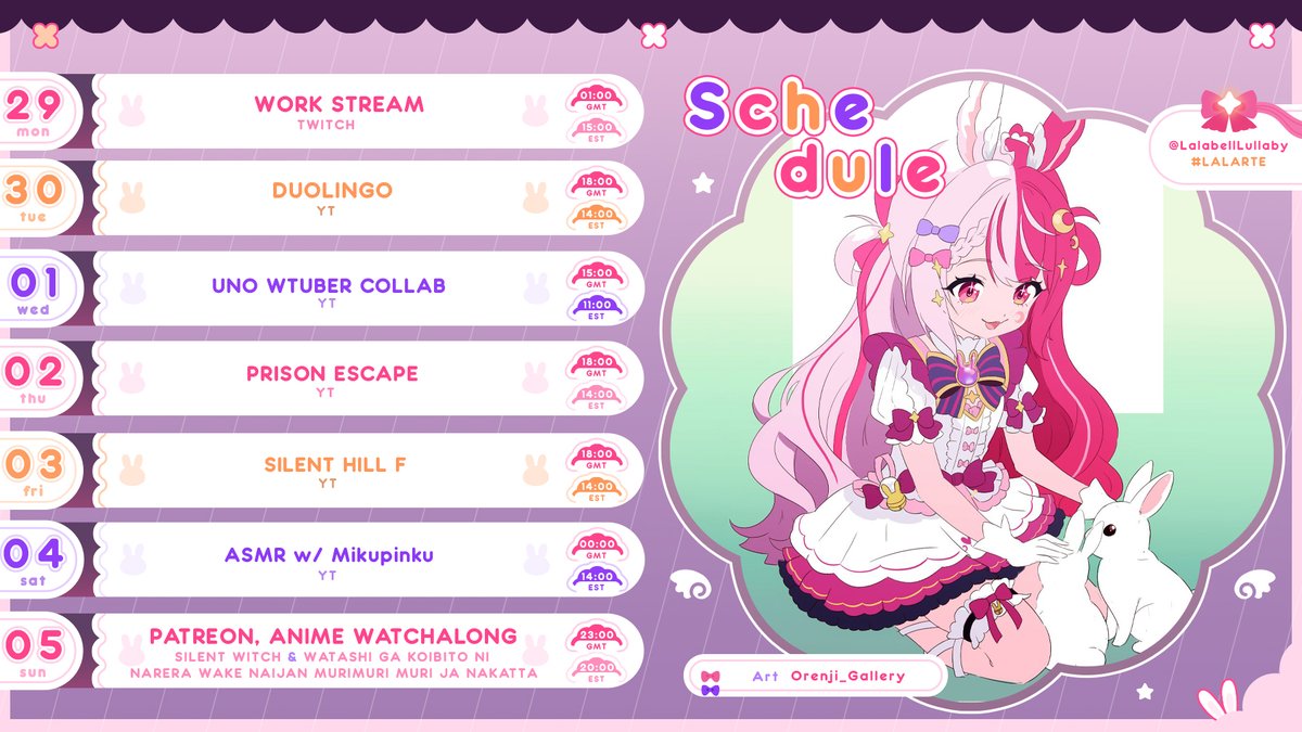🎀 WEEKLY SCHEDULE 🎀
    📅SEP 29 - OCT 05 🕒

Here are the cosmic activities of this apotheosic week pin 🐰🩷

⏔⏔⏔⏔⏔ ꒰ ᧔ෆ᧓ ꒱ ⏔⏔⏔⏔⏔

🌙 - Live: #LalaStream
⭐️ - Fanart: #Lalarte
🌙 - Memes: #Lalalaugh
⭐️ - Clips: #Lalabits
🌙 - General: #holalabell