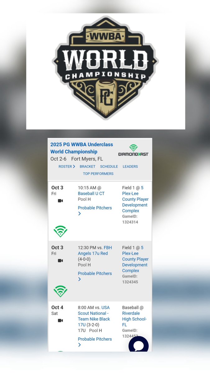 Excited to compete in the WWBA World Championship this weekend with Sba Bolts National 2027! Here is my schedule. I will be wearing jersey #3. <a href="/BrianDavis_SBA/">Brian Davis</a> <a href="/jakerobbins49/">JAKE ROBBINS 🇺🇸</a> <a href="/SBATheShow/">Showcase Baseball Academy</a> <a href="/FlatgroundBats/">FLATGROUND Hitting</a> <a href="/PG_Coastal/">PG Coastal</a>