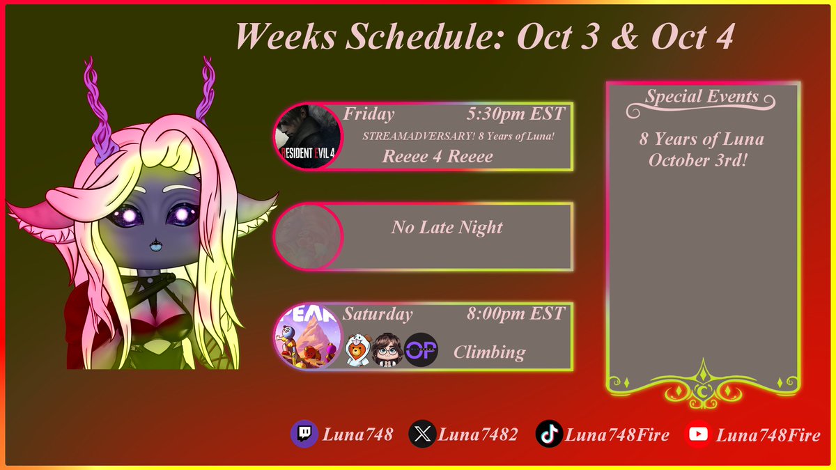 Luna7482's tweet photo. Friday! We are continuing Re4! We will also spend a little bit of time at the start talking about the past 8 years! Maybe have something special if i finish it

Saturday! We are climbing a mountain with some friends... i think thats whats happening https://t.co/eYCwkVEvGE