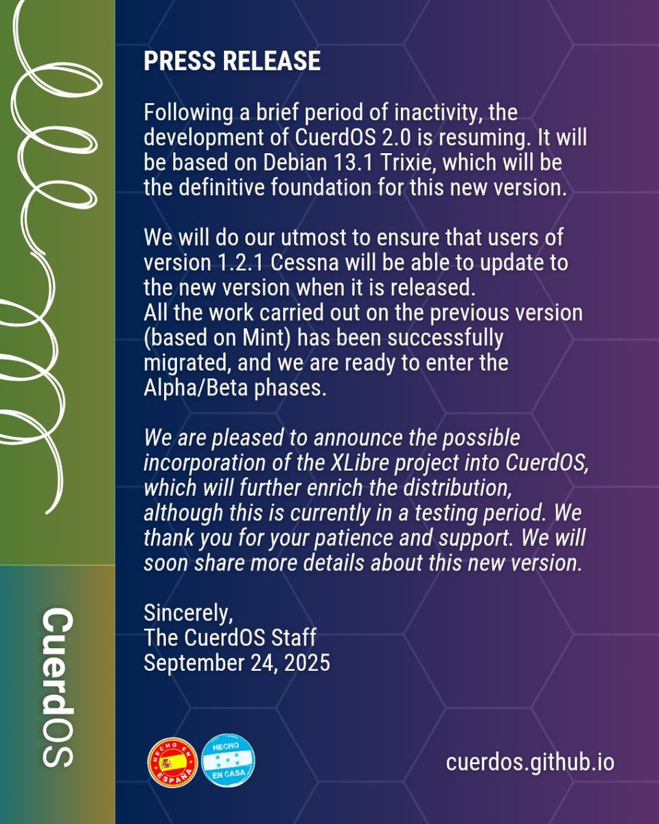 XLibreDev's tweet photo. The #CuerdOS team announced the possible integration of #XLibre into its version 2.0. Find out more about CuerdOS at https://t.co/MIPqDejpNp #Xingsday
---
El grupo de #CuerdOS ha anunciado que podría incluir #XLibre en su versión 2.0. Por favor, consulte https://t.co/j7P4WEQKjS. https://t.co/q2iphzN23N