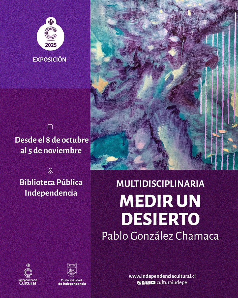 ☀️Con una reinterpretación del Desierto de Atacama, observado a través de imágenes satelitales, Pablo González Chamaca presenta «Medir un Desierto».

📌Inauguración 08/10 a las 19:30h en <a href="/biblioindepe/">Biblioteca Pública de Independencia</a>. 

🔗+info: independenciacultural.cl/2025/09/25/nat…

#IndependenciaCultural #Independencia