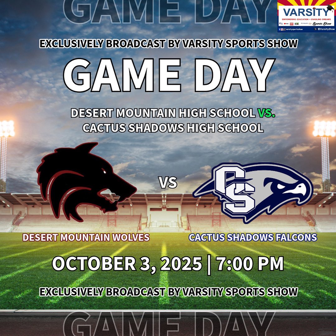 VarsityShow's tweet image. 🏈 Friday Night Football! 🏈

Watch LIVE on Varsity Sports Show at 7 PM MST as the Desert Mountain Wolves take on the Cactus Shadows Falcons!

Cheer on your team and tune in live! 📺🏈

@DMWolvesFB @CSFalconsFB 

🗒️ - October 3rd 🕦 - 7 PM MST
