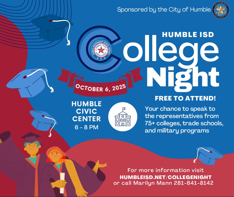 HumbleISD's tweet photo. Are you ready for #CollegeNight? Join us on Monday, October 6, from 6 to 8 p.m. at the Humble Civic Center.

Check out the list of military and school representation at: https://t.co/SGaUi1pnIL https://t.co/ilhBvHbLLS