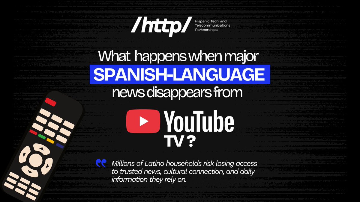 http_policy's tweet image. TelevisaUnivision &amp;amp; Telemundo aren’t just channels—they connect Latino families to culture, community &amp;amp; trusted news.

YouTube TV dropping them shows why diverse media access matters.

🔗 Full blog: httppolicy.org/news/youtube-d…

#HTTP #LatinoVoices #MediaAccess #CulturalConnection
