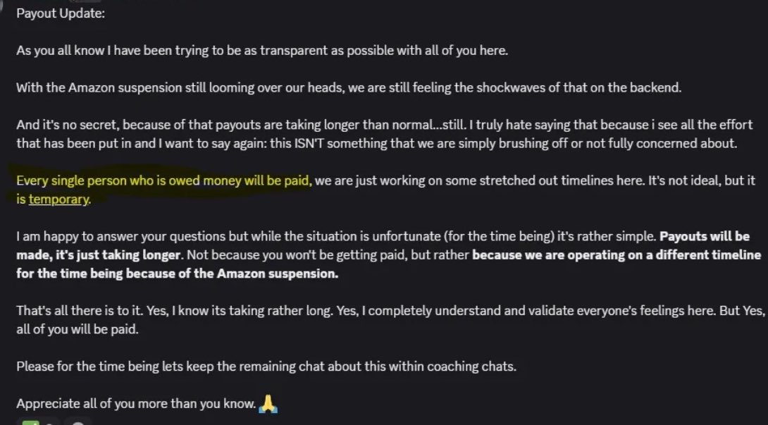 We were all promised to be paid out, regardless of what was going on behind the scenes 

This wasn’t even sent by him, it was a manager working on the brand. there was 0 communication to the group from his part.

Even after I got on the phone w him and told him to address it