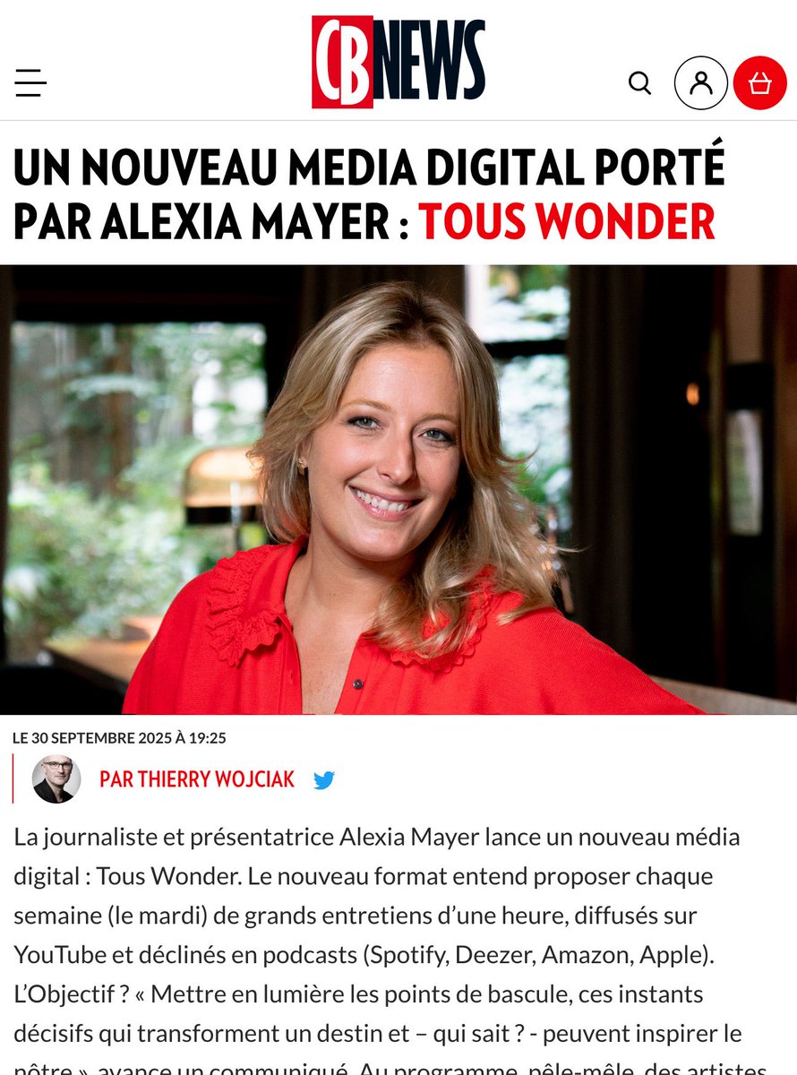 Un grand merci à <a href="/CB_News/">CB News</a> pour cette mise en lumière du lancement de <a href="/TousWonder/">Tous WONDER</a> !
Chaque mardi, je reçois des personnalités au parcours hors norme.
Des discussions vraies, avec des personnalités qui font l'époque.

👉Accédez à l’article cbnews.fr/medias/nouveau…