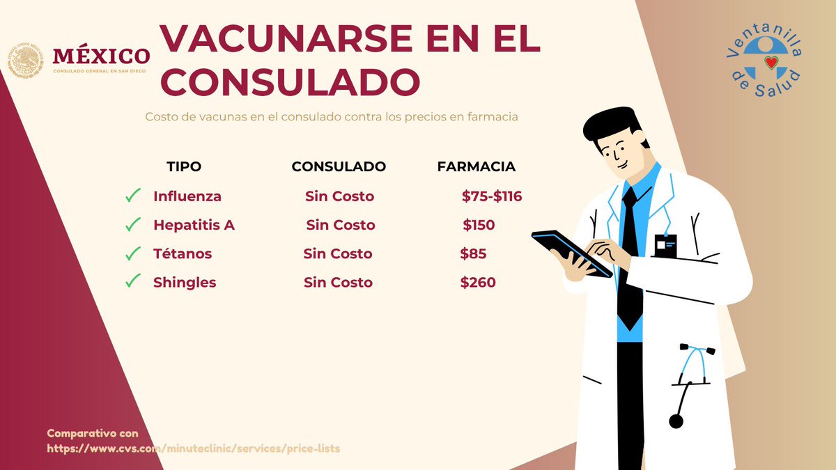 ConsulMexSdi's tweet photo. No te pierdas nuestras #JornadasDeVacunación SIN COSTO*. Los días 3-15-16-21-22-28 y 29 de OCTUBRE de 9:00 AM-1:00 PM en el Consulado de México 🇲🇽. Gracias a nuestros aliados de @SanYsidroHealth, @Walgreens y de nuestra #VentanillaDeSalud
¡Te esperamos! #SaludParaTodos 
@IME_SRE https://t.co/HMOk7PV1nW