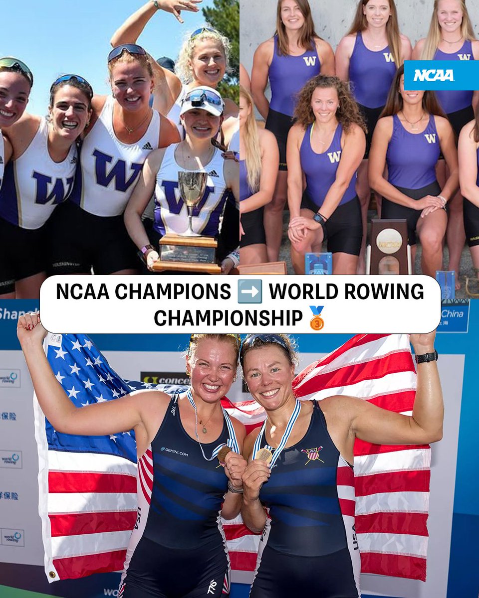 NCAA's tweet photo. National Champions then, world medalists now. 🏆➡️🥉

Congratulations to former @UW_Rowing teammates, Jessica Thoennes and Holly Drapp, for placing third in the Women's Pair at the World Rowing Championships! 🐾💜

#NCAAROW x @UWAthletics https://t.co/9wLKf1larU