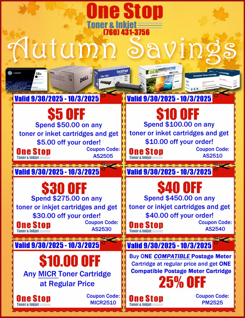 OneStopToner's tweet image. Save on printer toner and ink with this week's coupons! Please call us at 760-431-3756 or visit toner-inkjet.com