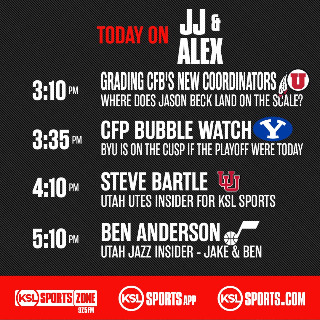 97.5 The KSL Sports Zone (@kslsportszone) on Twitter photo Tuesday on <a href="/JeremiahJensen/">Jeremiah Jensen</a> & <a href="/AlexKirryKSL/">Alex Kirry</a>
- Grading CFBβs new coordinators
- CFP Bubble Watch
- <a href="/BartleKSLsports/">Steve Bartle</a> 4:10
- Coach Prime apologizes
- <a href="/BensHoops/">Ben Anderson</a> 5:10
- #TakeNote
- and so much more!
πΊ: youtube.com/@ksl5sports
π§: tuner.bonneville.com/live/KZNS-FM
<a href="/kslsports/">KSL Sports</a> Tuesday on <a href="/JeremiahJensen/">Jeremiah Jensen</a> & <a href="/AlexKirryKSL/">Alex Kirry</a>
- Grading CFBβs new coordinators
- CFP Bubble Watch
- <a href="/BartleKSLsports/">Steve Bartle</a> 4:10
- Coach Prime apologizes
- <a href="/BensHoops/">Ben Anderson</a> 5:10
- #TakeNote
- and so much more!
πΊ: youtube.com/@ksl5sports
π§: tuner.bonneville.com/live/KZNS-FM
<a href="/kslsports/">KSL Sports</a>