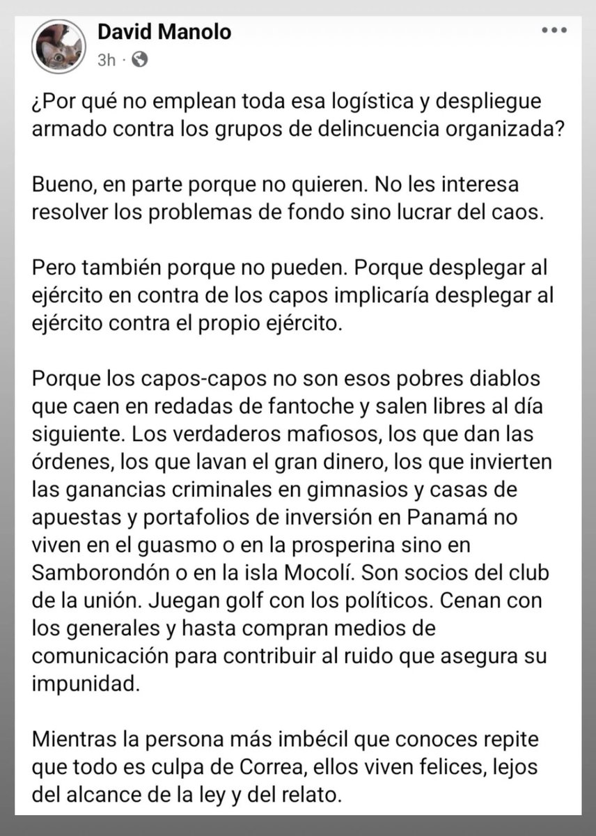 “Mientras la persona mas imbecil que conoces repite que ‘todo es culpa de Correa’, ellos viven felices… lejos del alcance de la ley y del relato”