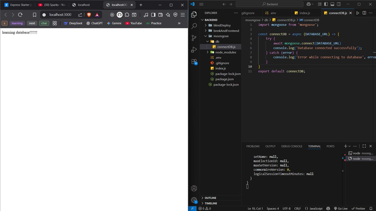 ashish_saud15's tweet photo. #LUD3 โ MongoDB Connection
Learned how to connect MongoDB using mongoose.connect(). Continued building the Hospital schema from yesterday & feeling more confident with data modeling.
#LearningUtsav2025 #FestivalOfLearning #WebDevelopment #MongoDB #Mongoose https://t.co/NJTmxahnon