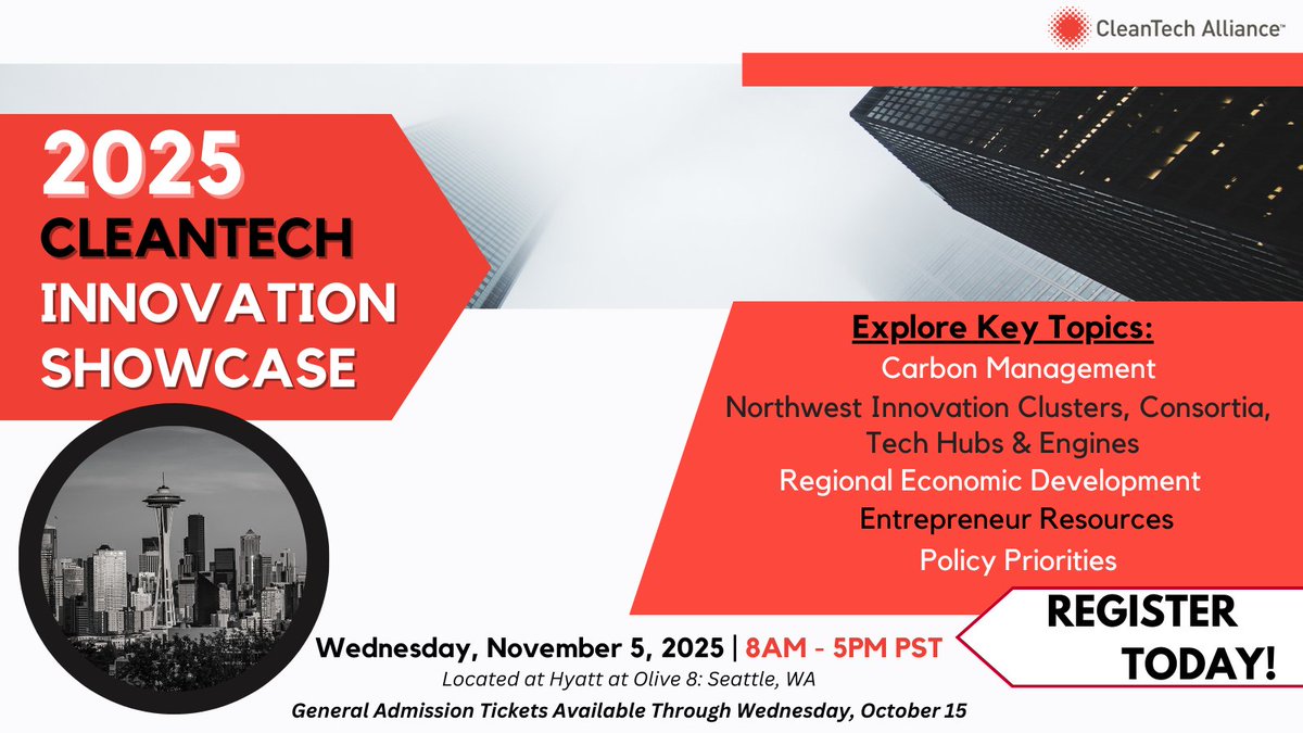 wacleantech's tweet image. The 2025 #CleanTechShowcase returns on Nov. 5th to Seattle!  Our annual conference will feature:

- Dynamic keynote on sector trends
- Innovative companies with emerging tech
- Networking opportunities with industry leaders

To register, visit: tinyurl.com/m74um8da