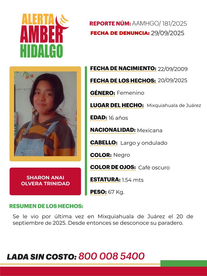 AAMBER_hgo's tweet image. 🟡Solicitamos tu apoyo con la #DIFUSIÓN de la #AlertaAmberHidalgo para localizar a SHARON ANAI OLVERA TRINIDAD. si tienes información, comunícate al ☎️8009121314 PROCURATEL #PGJEH #CadaSegundoCuenta #TuAyudaCuenta #ActuemosRápido.