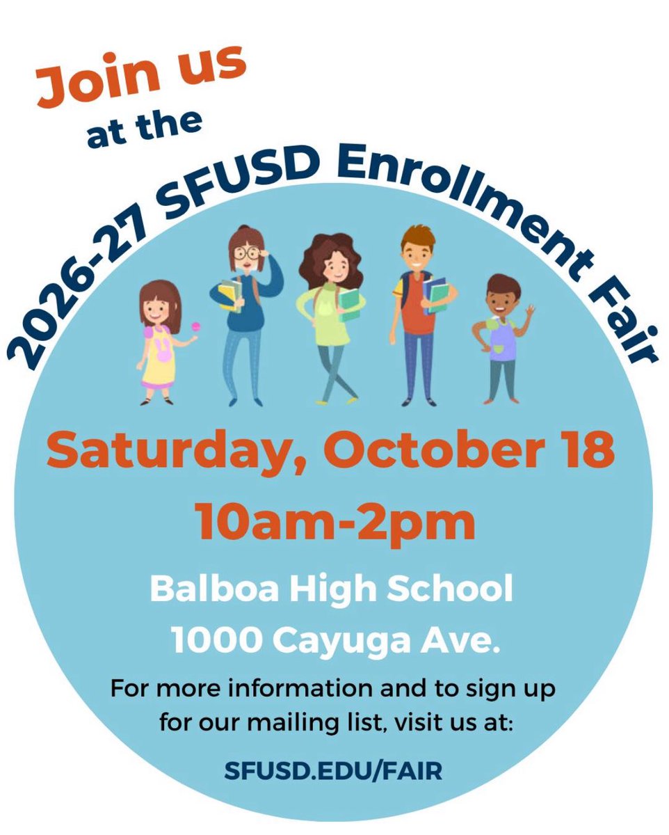SFEdAlliance's tweet image. 📣 Reminder for SF families!
The 2026-27 SFUSD Enrollment Fair is happening Saturday, October 18 from 10am–2pm at Balboa High School 🏫

Info: sfusd.edu/fair

📢 Repost from @sfunified 

#sfusd #publicschool #enrollment