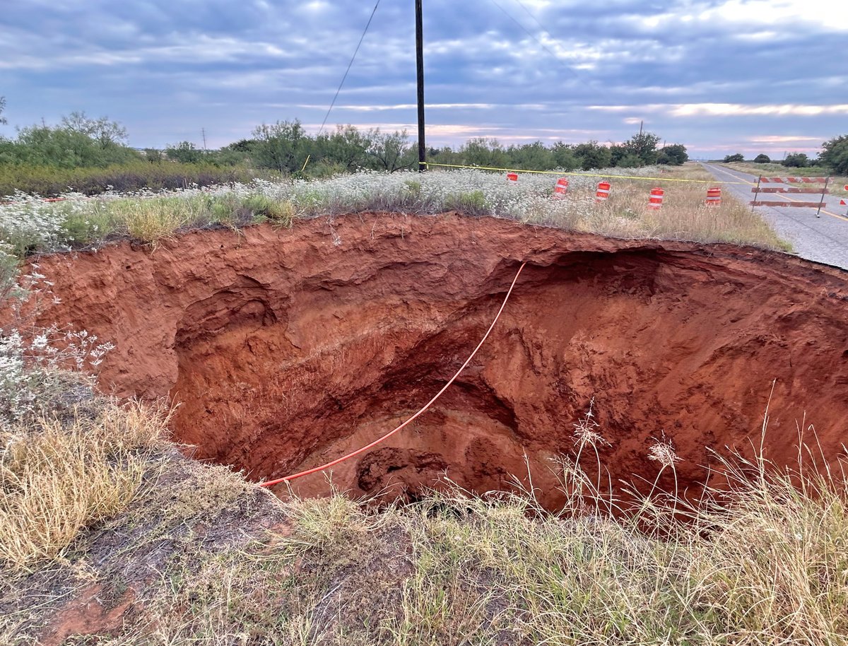 FM 1038 from CR 485 to 489 in Cottle County remains closed due to a sinkhole measuring and estimated 40'x40'x70'.

TxDOT is urging the public to stay away from the area due to unstable ground conditions. 

Driving around barricades is illegal and dangerous!