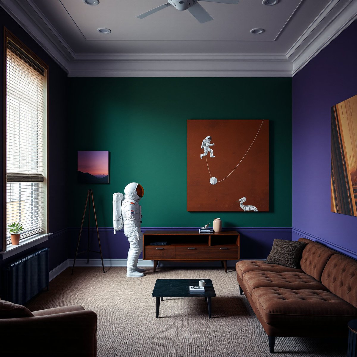 Astronaut in a living room viewing space-themed art, symbolizing crypto moonshots