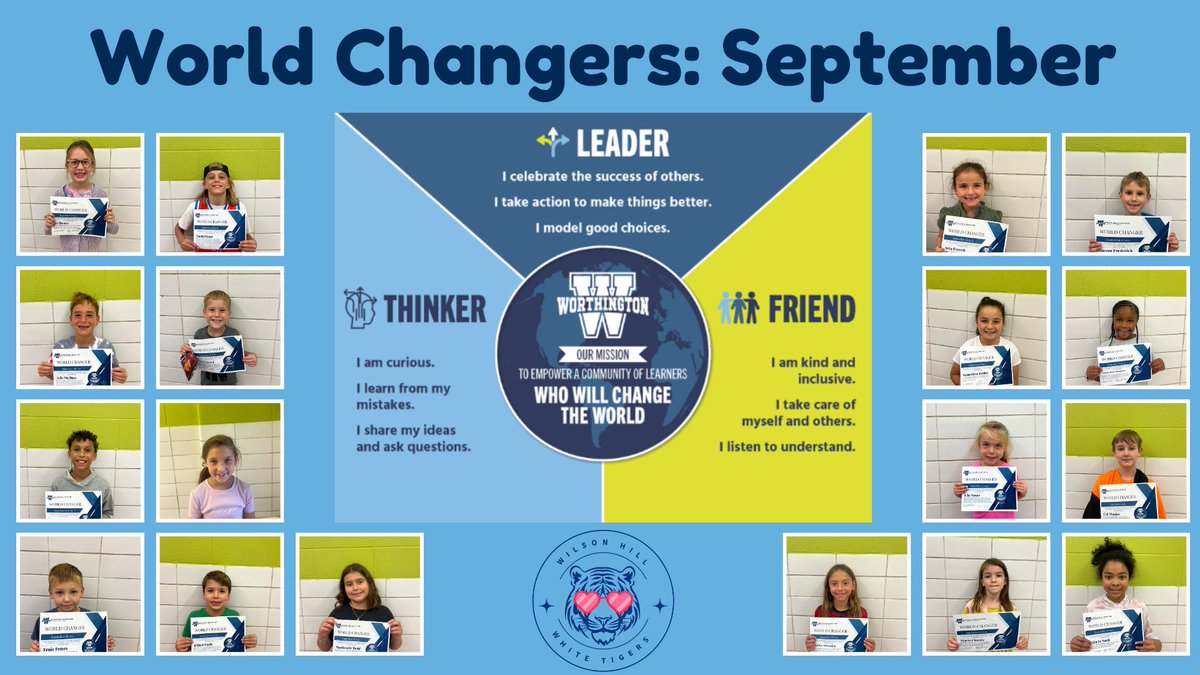 Wilson Hill Elem (@wilsonhillelem) on Twitter photo White Tigers are changing the world! 🌎
Each month, teachers nominate a student from their classroom that exhibits our Portrait of a Learner characteristics.  Congratulations September World Changers!
<a href="/KayleeSantille/">Kaylee Santille</a> 
<a href="/wcsdistrict/">Worthington Schools</a>
#ItsWorthIt White Tigers are changing the world! 🌎
Each month, teachers nominate a student from their classroom that exhibits our Portrait of a Learner characteristics.  Congratulations September World Changers!
<a href="/KayleeSantille/">Kaylee Santille</a> 
<a href="/wcsdistrict/">Worthington Schools</a>
#ItsWorthIt