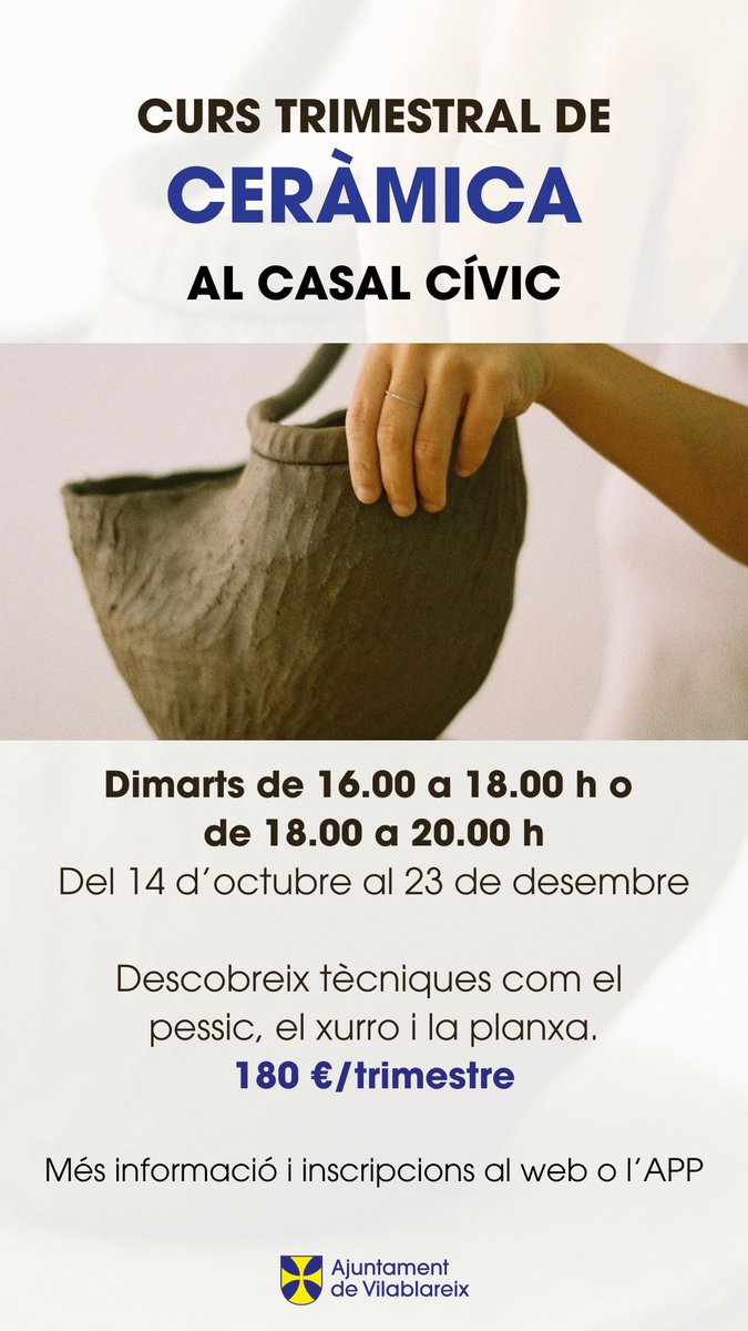 Apunta’t als nous cursos de fotografia i ceràmica i deixa volar la teva creativitat!

portal.wetown.app/vilablareix/in…

portal.wetown.app/vilablareix/in…