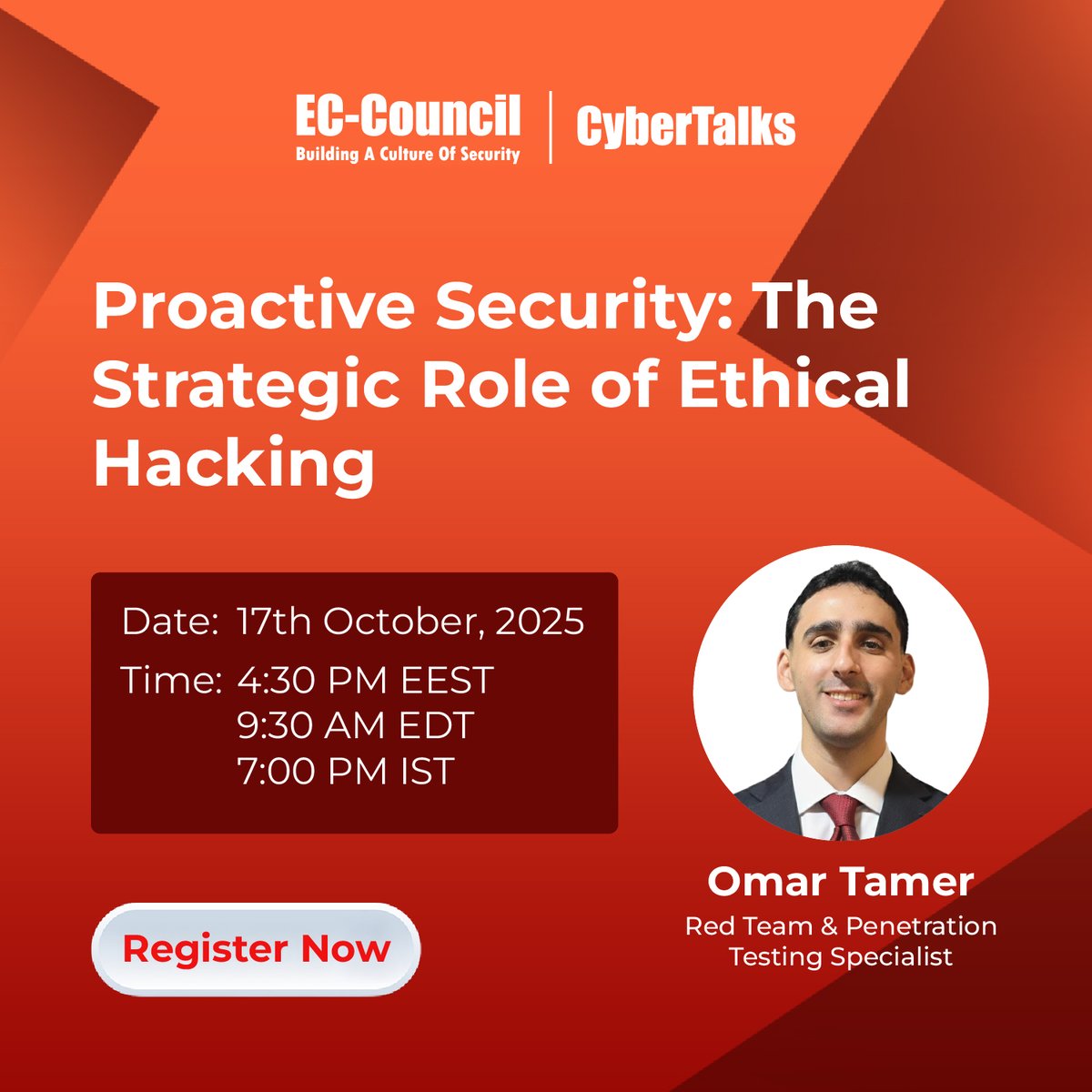ECCOUNCIL's tweet photo. New webinar alert! On October 17, join us for a high-impact session on how ethical hacking is redefining proactive security, led by Omar Tamer, a red team specialist and top-ranked ethical hacker.

He will discuss how ethical hackers identify security gaps, simulate real-world attacks, and help organizations strengthen their defenses before threats strike. From exploring key impact areas to a live IoT car hack demo, this webinar delivers both insights and actionable steps. 

Register now: https://t.co/jDh9a9yJQX 

#ECCouncil #Webinar #CEH #EthicalHacking #ProactiveSecurity #CybersecurityAwareness #IoTSecurity