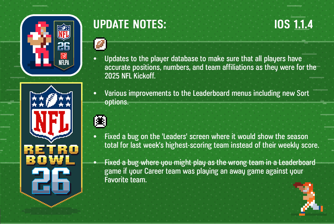 retro_bowl's tweet photo. New update for NFL Retro Bowl '26 should be available now. Please make sure you've updated. https://t.co/9Up7ZmkIMC