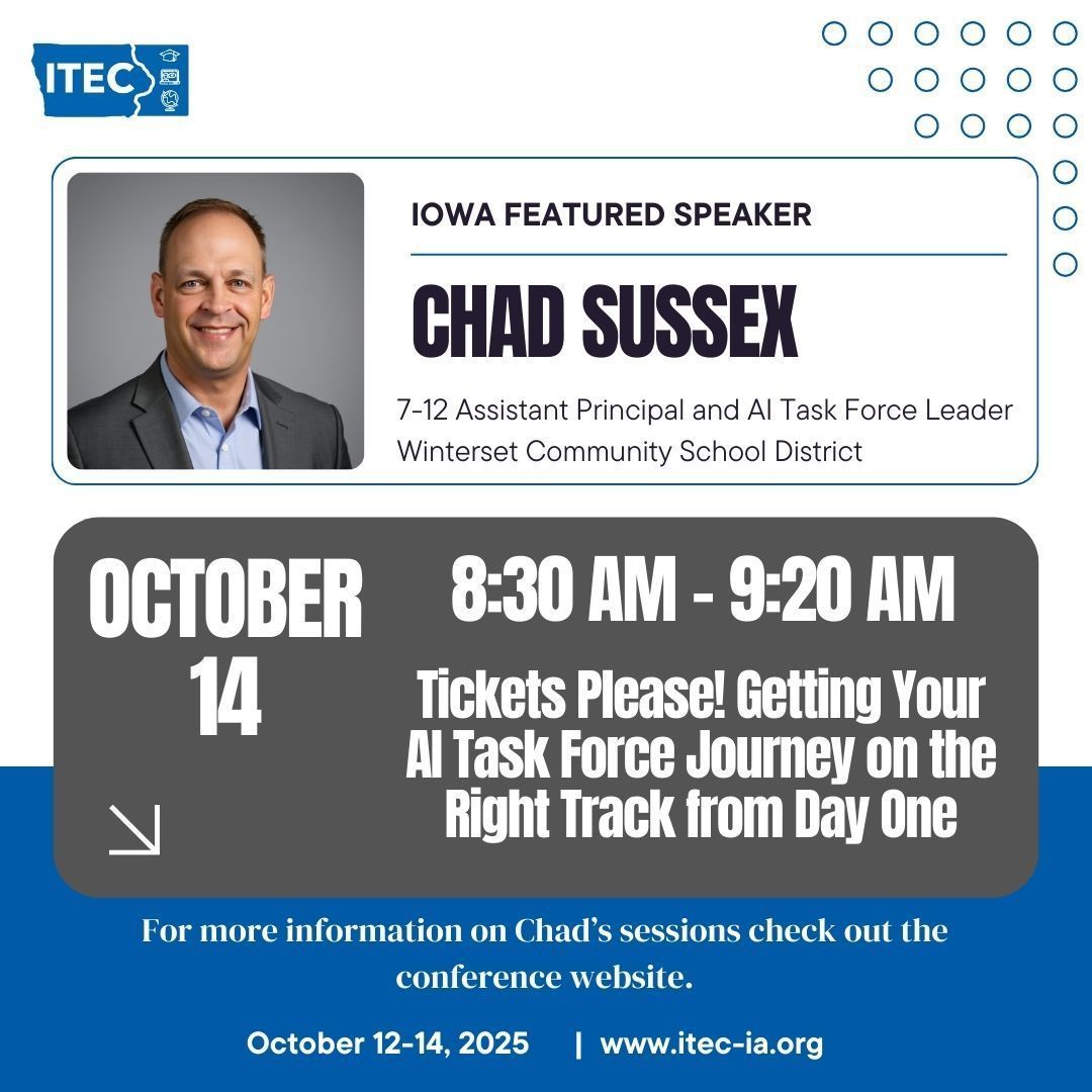 Want to learn why an AI task force matters and how to get started!

🗣 Iowa Featured Speaker Chad Sussex will share why and how!
ℹ️ Session Details: itec-ia.org/2025-fall-co... 

🔗 Register now: itec-ia.org/conference-r... 

#itecia #edtech #education