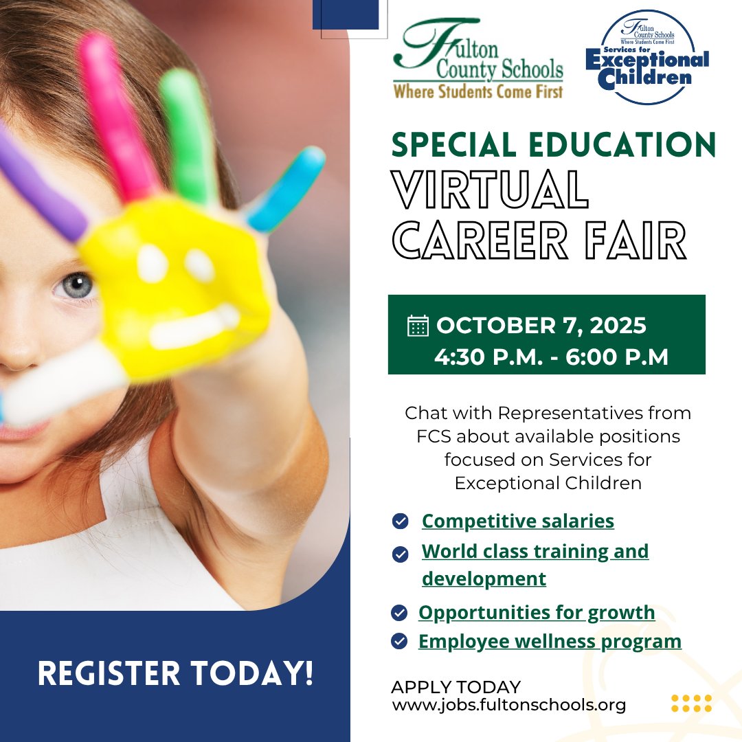 GO_Fulton's tweet photo. 💡Are you interested in a fulfilling career in Special Education? Seeking Special Education #Teachers &amp; #Paraprofessionals. Join us at our virtual career fair. #ThriveInfulton #GetToKnowFulton @fultoncoschools @FCS_SEC
Register Today: https://t.co/CctHQ1UCAW https://t.co/BphExiuS2Y