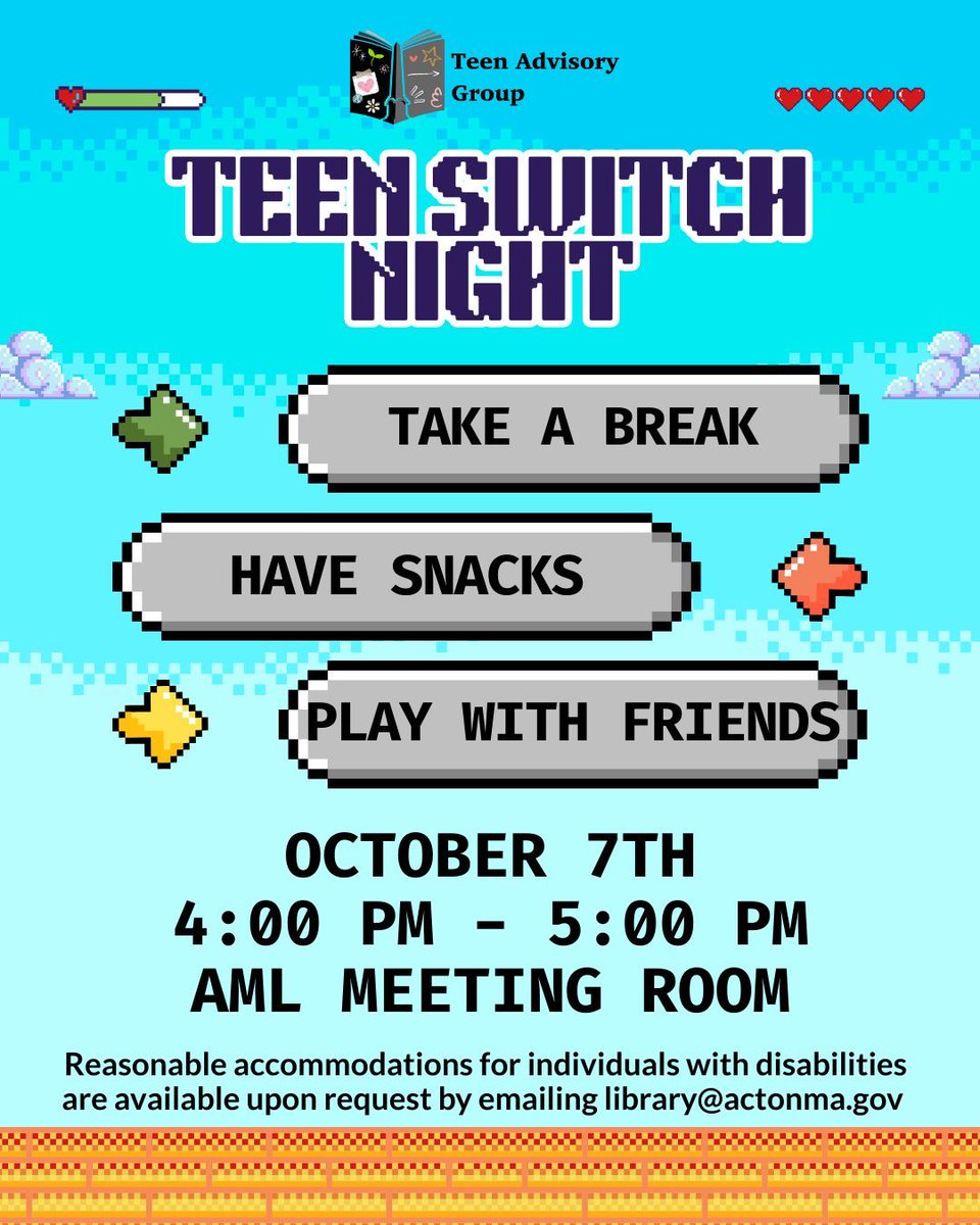 ActonMemLibrary's tweet image. Teens, come take a break at Switch Night on October 7th! We&apos;ll have pizza and games so you can give your brain a rest for a few minutes. See bio for accessibility info. #AML #ActonMA #LibraryEvents