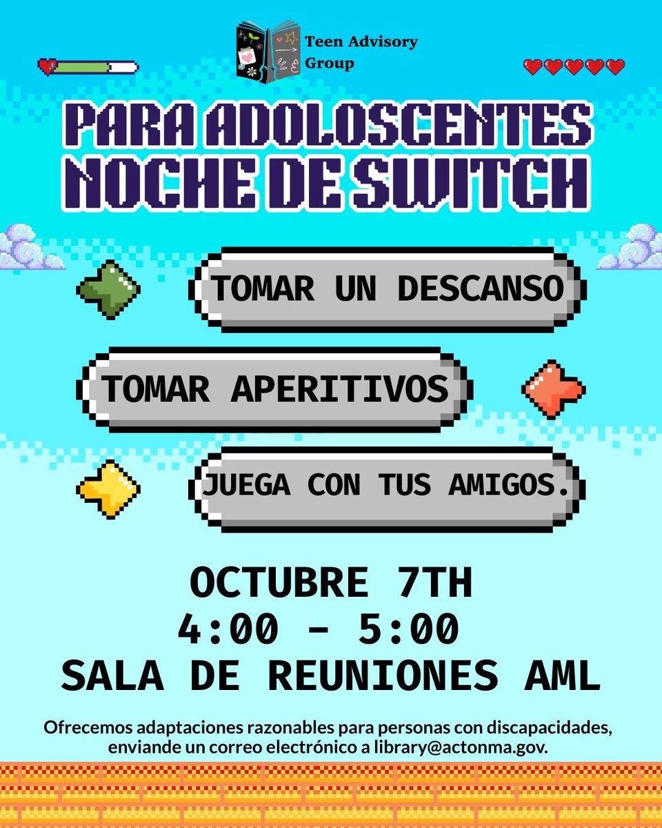 ActonMemLibrary's tweet image. Teens, come take a break at Switch Night on October 7th! We&apos;ll have pizza and games so you can give your brain a rest for a few minutes. See bio for accessibility info. #AML #ActonMA #LibraryEvents
