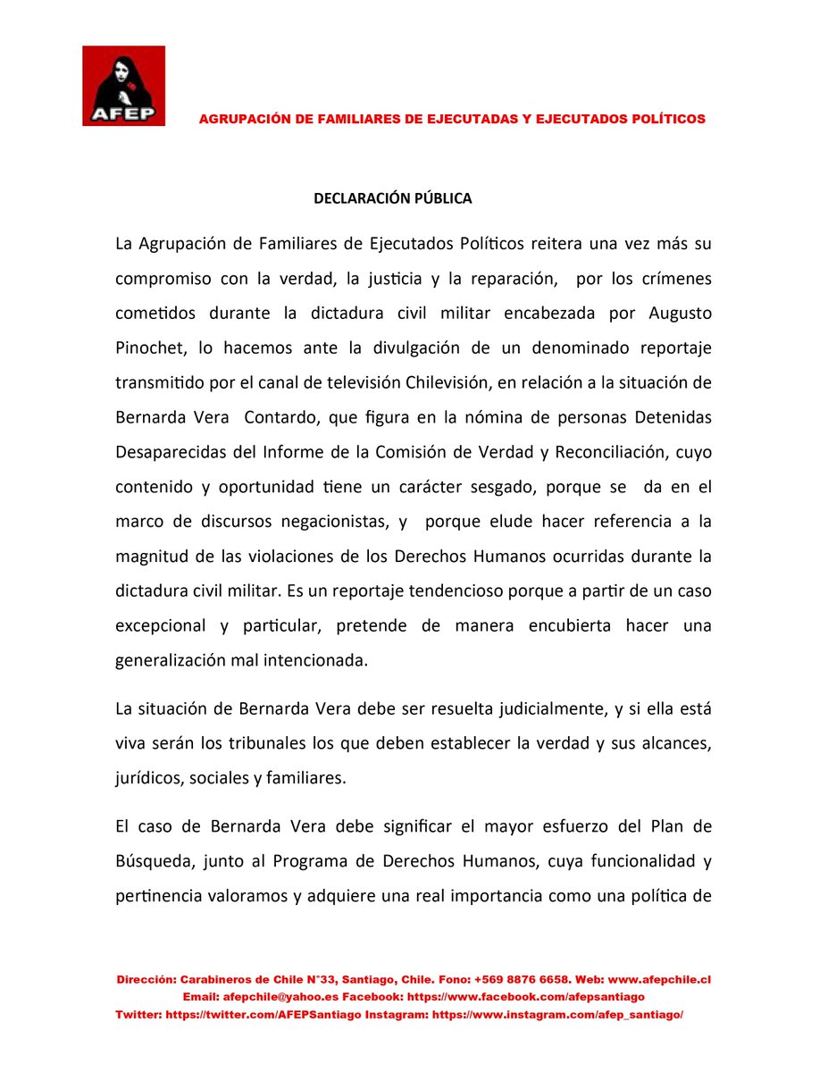 anefchile's tweet photo. Compartimos declaración de la @AFEPSantiago
#AFEP #VerdadyJusticia https://t.co/CRe6SGHfmX