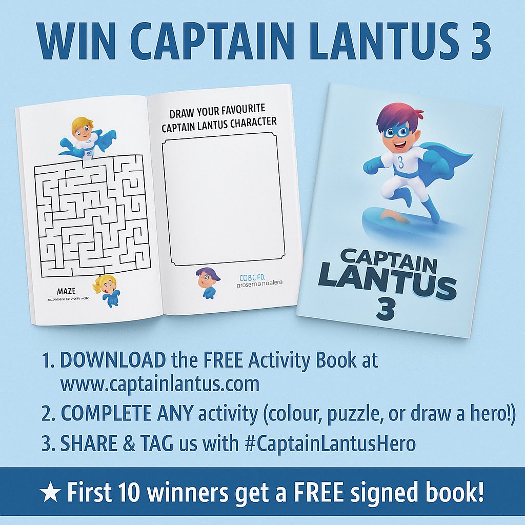 Want to WIN a signed copy of Captain Lantus 3? 📚✨
It’s super easy:
Download the FREE Activity Book 👉 captainlantus.com
Complete ANY activity (maze, colouring, or drawing!) 🎨✍️
Share &amp; tag us with #CaptainLantusHero
💥 First 10 heroes win a FREE signed book! RT