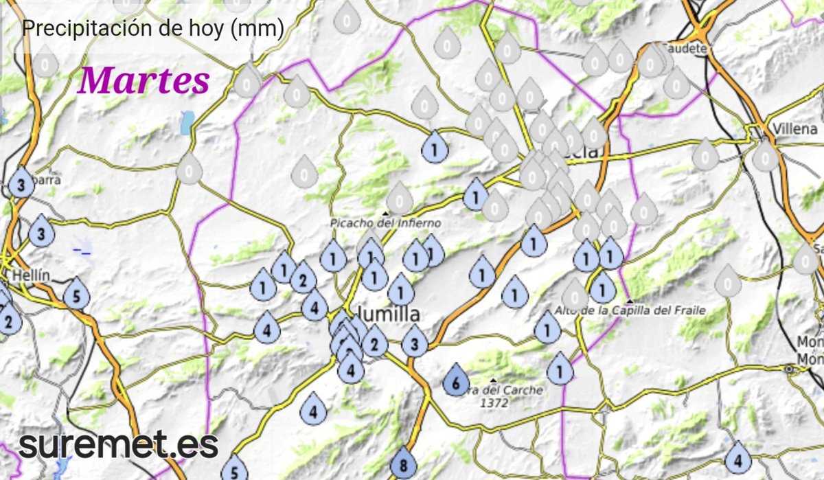 🌧 La pasada madrugada todavía deparó el paso de algunos #chubascos dispersos en la mitad S comarcal, algo más importantes hacia el extremo S de #Jumilla, donde se registraron entre 4 y 8 mm:

#RedSuremet