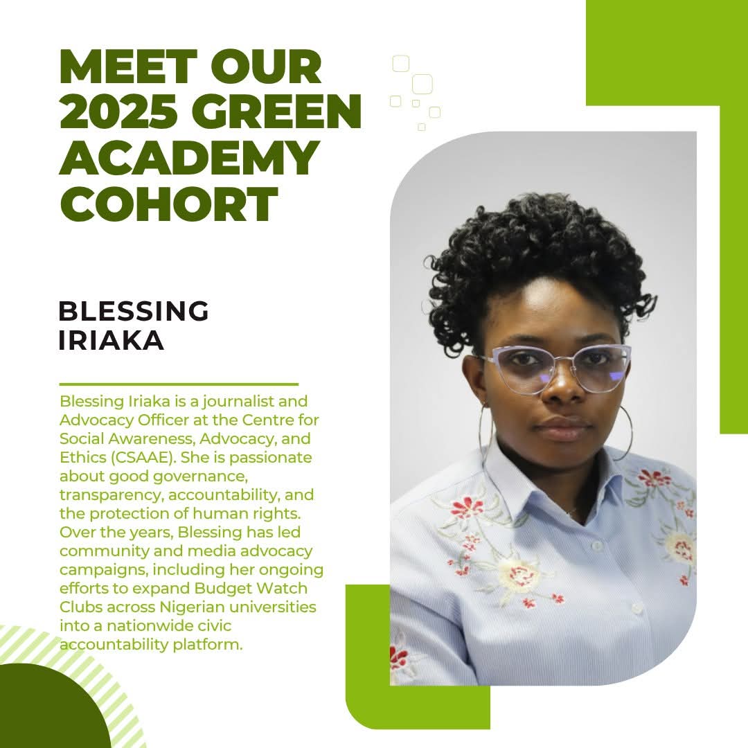 hbsNigeria's tweet image. Meet Iriaka Blessing, one of our 2025 Green Academy Cohort!💚✨

Blessing Iriaka is a journalist and Advocacy Officer at the Centre for Social Awareness, Advocacy, and Ethics (CSAAE). She is passionate about good governance, transparency, accountability, and the protection of…