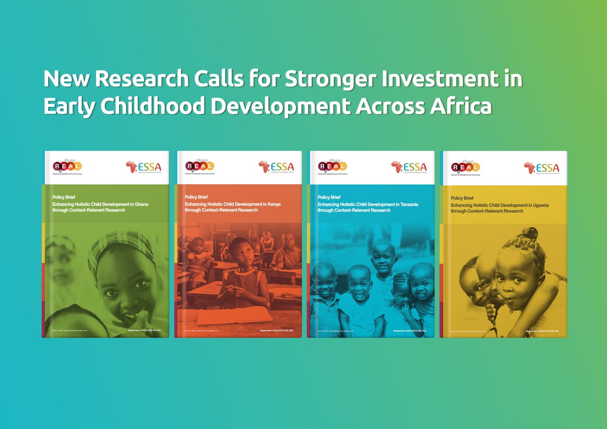 ESSA_Africa's tweet photo. 📢 New policy briefs from @ESSA_Africa &amp; @REAL_Centre reveal major gaps in Early Childhood Development research across Ghana, Kenya, Tanzania &amp; Uganda.

More local funding, inclusive authorship &amp; collaboration are key. Read more: https://t.co/uYjSV7IbJW https://t.co/r9CJlataNj